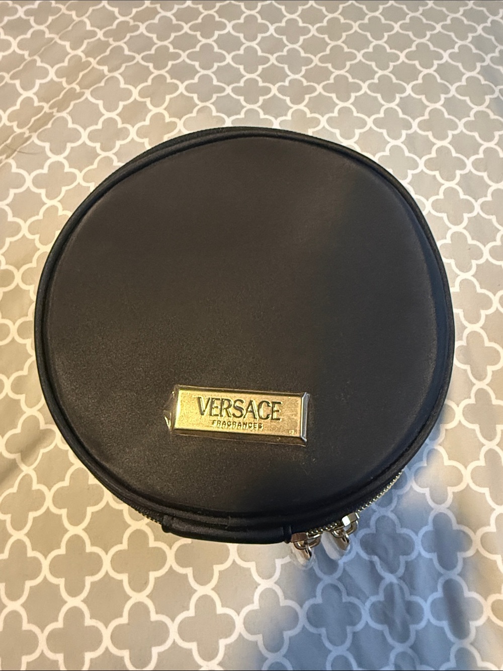 Versace Black Round Toiletry Pouch with Gold Plaque